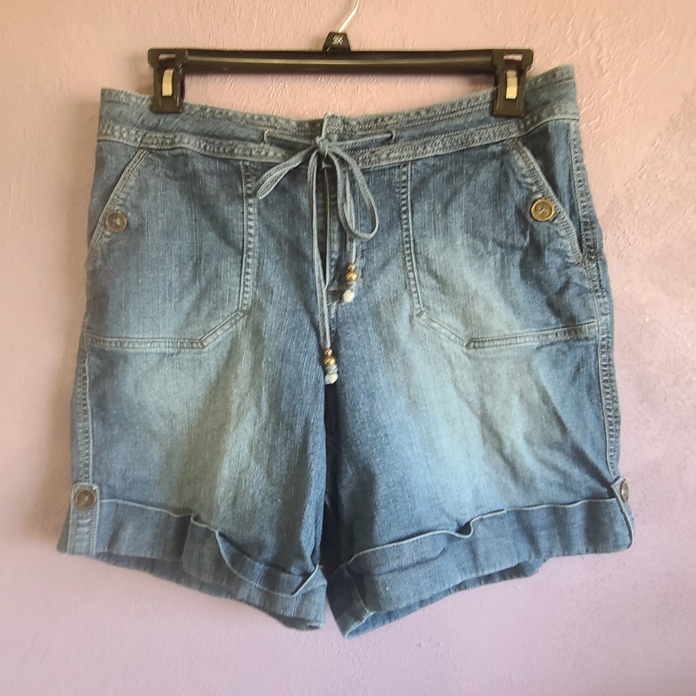 Venezia Denim Shorts Women 16 Blue Drawstring Cuffed Medium Wash Utility Cargo